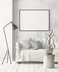 Mock up poster in an interior in Scandinavian style with a sofa. 3D rendering - obrazy, fototapety, plakaty