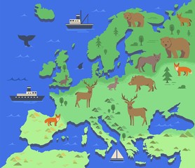 Stylized map of Europe with indigenous animals and nature symbols. Simple geographical map. Flat vector illustration.