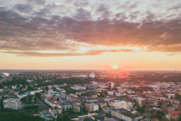 Naklejka na ściany i meble Sunmer sunset. Aerial view of Kaunas city center, Lithuania