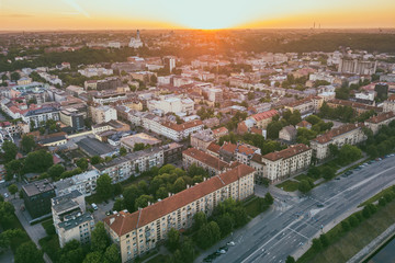 Fototapeta na wymiar Sunmer sunset. Aerial view of Kaunas city center, Lithuania