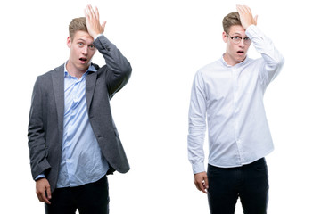 Young handsome blond business man wearing different outfits surprised with hand on head for...