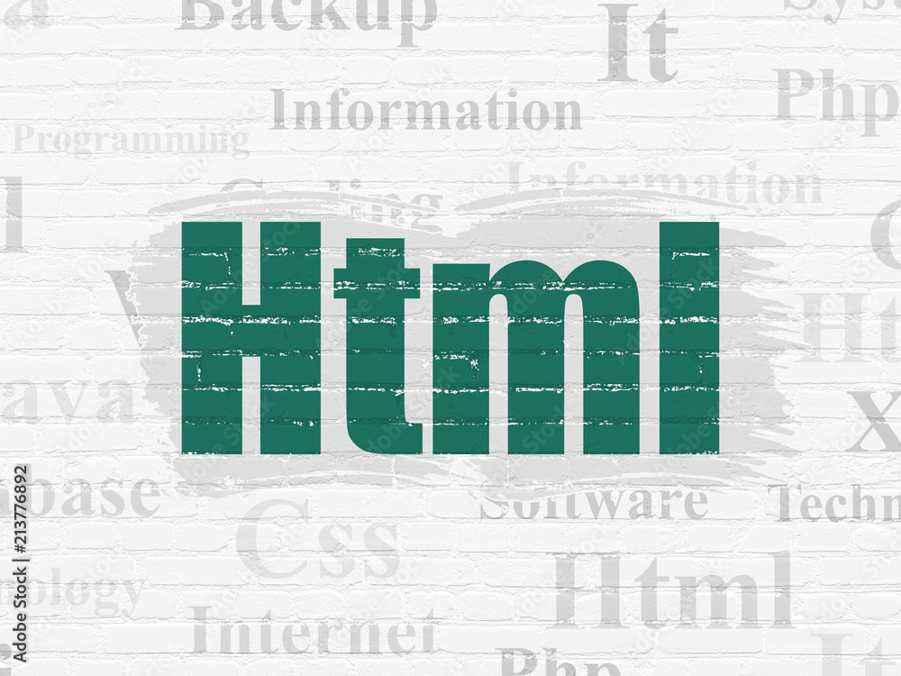 Poster database concept: painted green text html on white brick wall background with tag cloud