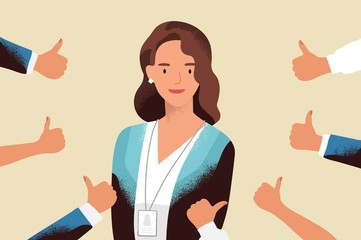 Smiling happy young woman surrounded by hands with thumbs up. Concept of public approval, acknowledgment, recognition, acceptance and appreciation. Colorful vector illustration in flat cartoon style.