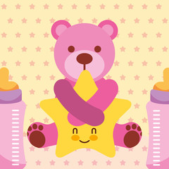 pink bear hugs cartoon star and baby bottles dots background