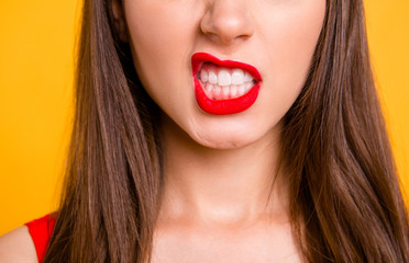 Cropped close up view half faced view photo portrait of sexual seductive tempting bitchy cool...