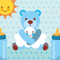blue toy bear hugs cloud cartoon bottles dotted background
