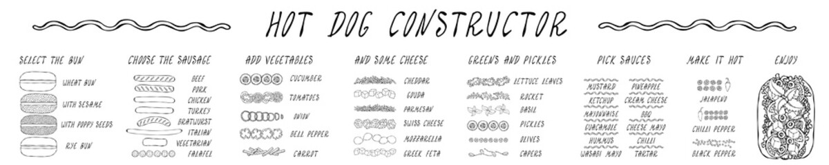 Hot Dog Ingredients Constructor. Sausage, Bun, Vegetables, Cheese, Salad Leaves, Sauce, Pepper. Fast Food Collection. Realistic Hand Drawn High Quality Vector Illustration. Doodle Style.