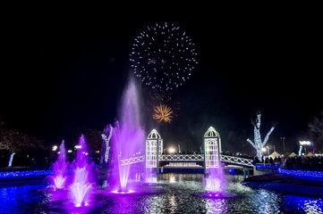 Christmas Celebrations And Fireworks Above The Fountains