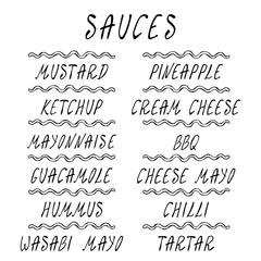 Set Strips of Different Sauces. Fast Food Collection. Realistic Hand Drawn High Quality Vector Illustration. Doodle Style.
