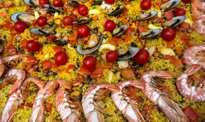 Traditional spanish rice paella with sea food