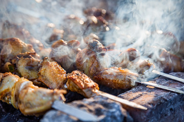 The process of cooking chicken barbecue. Picnic.