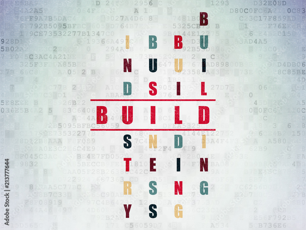 Aufkleber construction concept: painted red word build in solving crossword puzzle on digital data paper backg
