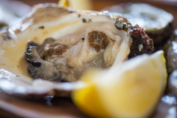 Oysters with lemon on wooden plate.