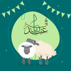 Eid Al Adha greeting card design with Arabic calligraphy text in frame with sheep on green background decorated with bunting flag for Festival of Sacrifice celebration.