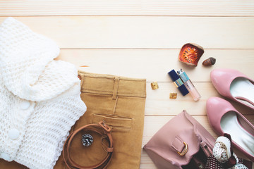 Autumn arrives, Trendy Fashion Woman's accessories and clothing, Top view, Flat lay
