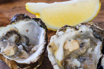 Oysters with lemon on wooden plate.