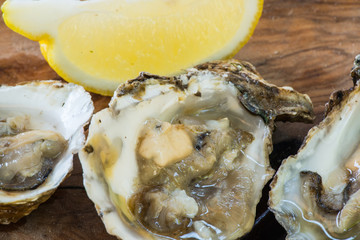 Oysters with lemon on wooden plate.