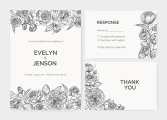 Set of elegant wedding invitation, response card and thank you note templates decorated by Austin rose flowers hand drawn with contour lines on white background. Romantic vector illustration.