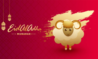 Calligraphy of Islamic text Eid Al Adha with mosque on brick wall background decoration with hanging lantern and abstract floral elements for Muslim festival celebration