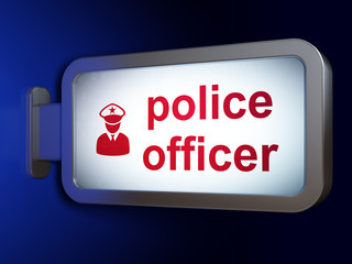 Law concept: Police Officer and Police on advertising billboard background, 3D rendering