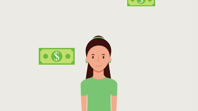portrait woman and falling banknote dollar animation hd