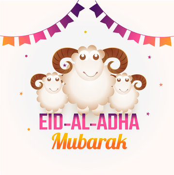 Eid Al Adha greeting card design decorated with bunting flag and sheep illustration for Eid Al Adha Festival of Sacrifice celebration.