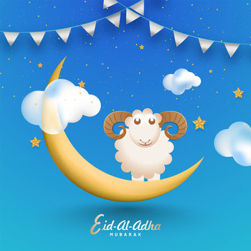 Shiny blue Eid-Al-Adha Mubarak greeting card design decorated with bunting flag, stars and illustration of a sheep on golden crescent moon for Muslim community festival celebration.