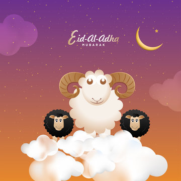 Shiny blue Eid-Al-Adha Mubarak greeting card design decorated with bunting flag, stars and illustration of a sheep on golden crescent moon for Muslim community festival celebration.