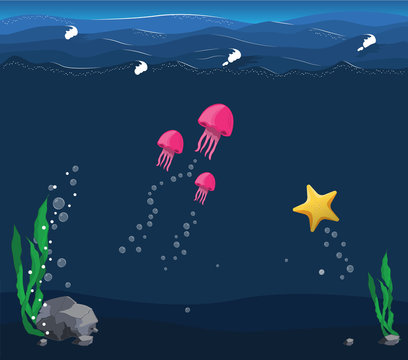 Seascape with the underwater world in deep ocean with wave. Jellyfish and starfish swim under water. There are sea flora and founa