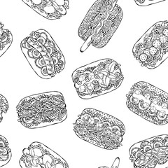 Hot Dog Seamless Endless Pattern. Many Ingredients. Restaurant or Cafe Menu Background. Fast Food Collection. Realistic Hand Drawn High Quality Vector Illustration. Doodle Style.