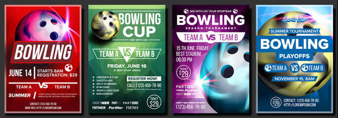 Bowling Poster Set Vector. Design For Sport Pub, Cafe, Bar Promotion. Bowling Club Ball. Modern Tournament. Sport Event Announcement. Banner Advertising. Championship Layout Template Illustration