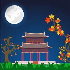 Full moon night view background with Sojiji Temple (Nishiarai Daishi), persimmon tree and autumn branch.