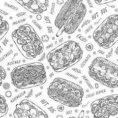 Hot Dog and Lettering Seamless Endless Pattern. Many Ingredients. Restaurant or Cafe Menu Background. Street Fast Food Collection. Realistic Hand Drawn High Quality Vector Illustration. Doodle Style.