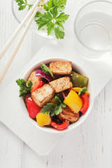 tofu salad with sauce bbq on white background.
