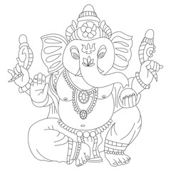 Coloring book page of Lord Ganesha vector cartoon illustration. Hindu god isolated on white background.
