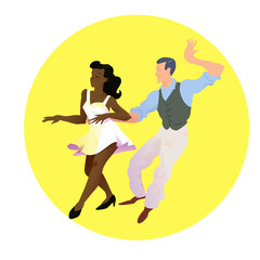 Dancers of Lindy hop. The man and the woman of different nationalities dance. Poster for studio of dances. Flyer or element of advertizing. Flat vector illustration of people.
