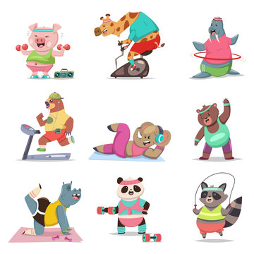 Funny animals doing exercise. Fitness and healthy lifestyle. Cute cartoon character vector set isolated on a white background.