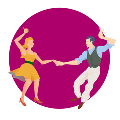 Dancers of Lindy hop. The man and the woman isolated on purple circular background. Poster for studio of dances. Flyer or element of advertizing. Flat vector illustration of social dance.