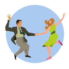 Dancers of Lindy hop. The man and the woman isolated in a blue circular background. Poster for studio of dances. Flyer or element of advertizing for social dance. Flat vector illustration of people.