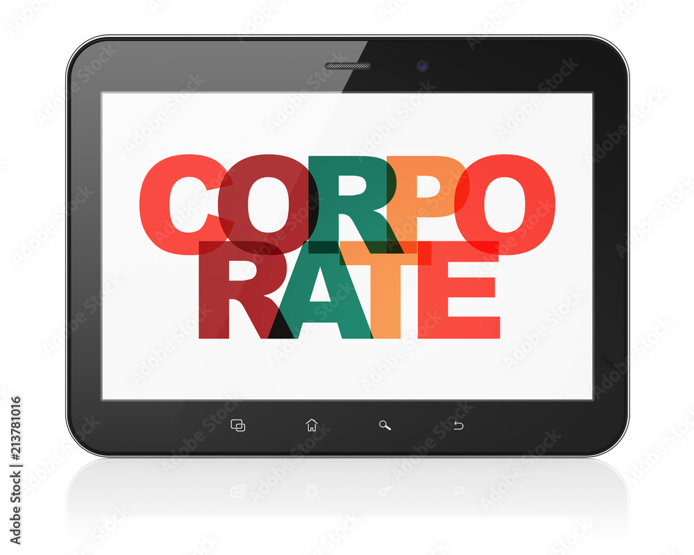 Poster business concept: tablet computer with painted multicolor text corporate on display, 3d rendering