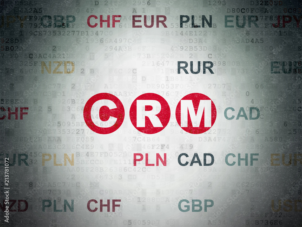 Poster business concept: painted red text crm on digital data paper background with currency