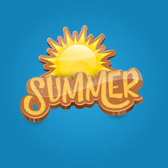 vector cartoon summer label paper art syle on blue sky background with orange sun. Summer beach party poster design template.