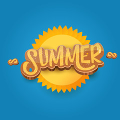 vector cartoon summer label paper art syle on blue sky background with orange sun. Summer beach party poster design template.