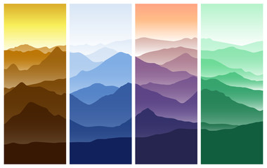 Mountains landscape in four seasons. Autumn, Winter, Spring, Summer. Vector illustration in different colors. Pictures set for decorating a wall.