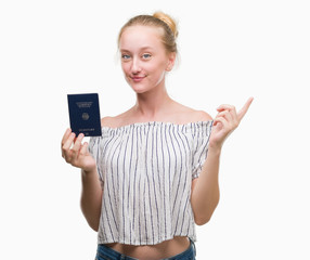 Blonde teenager woman holding passport of Germany very happy pointing with hand and finger to the...