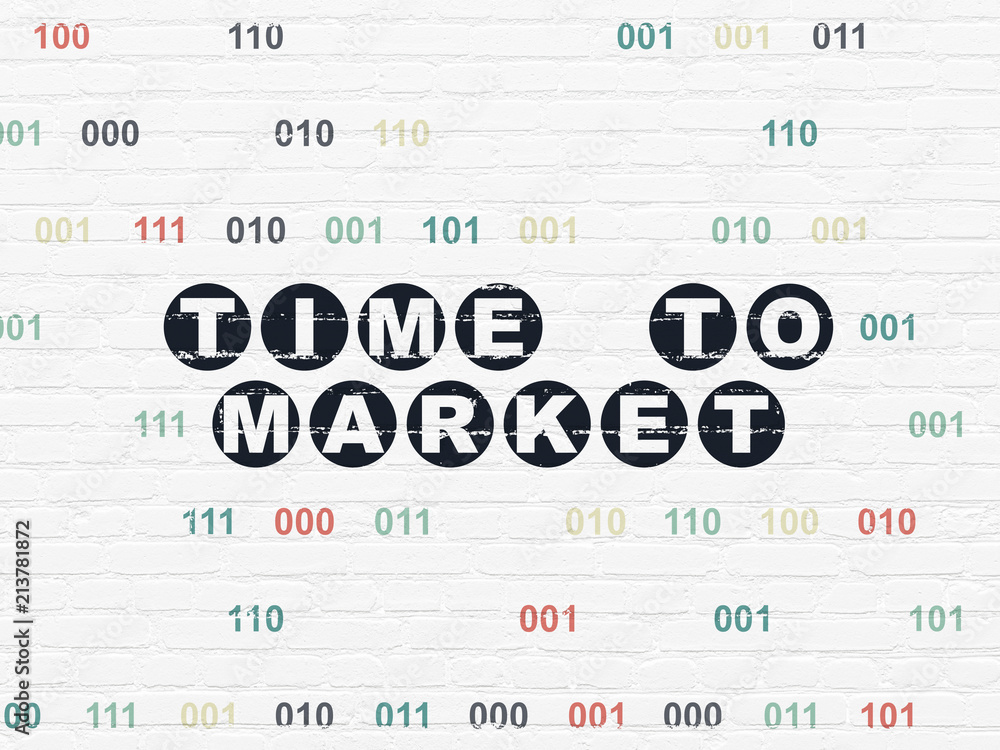 Poster timeline concept: painted black text time to market on white brick wall background with binary code