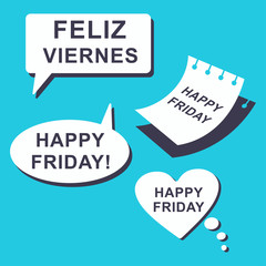 Happy Friday speech bubble and paper sheet. Vector icons isolated on blue background.