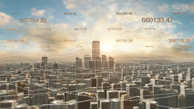 Aerial view of city skyline with futuristic network connections and numbers.