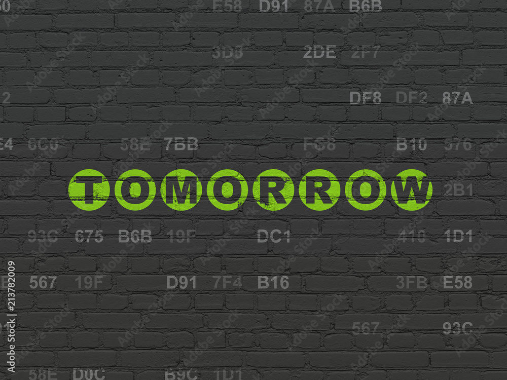 Poster timeline concept: painted green text tomorrow on black brick wall background with hexadecimal code