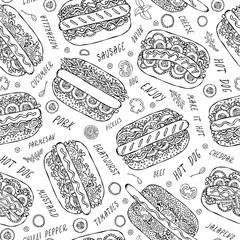 Hot Dog and Lettering Seamless Endless Pattern. Many Ingredients. Restaurant or Cafe Menu Background. Street Fast Food Collection. Realistic Hand Drawn High Quality Vector Illustration. Doodle Style.